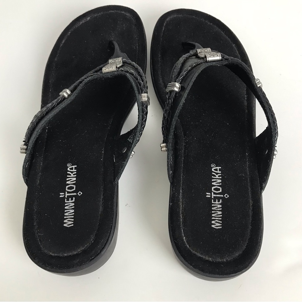 Minnetonka Black Leather Braided Thong Sandals Womens Size 10 Southwestern Boho - Picture 7 of 11